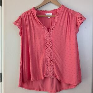 Flower & Feather Coral Pink Swiss Dot Eyelet Lace Trim Blouse Size XL
